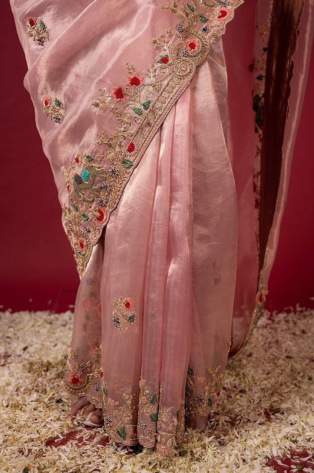 light pink Pure Tissue zardozi resham border butti handwork saree