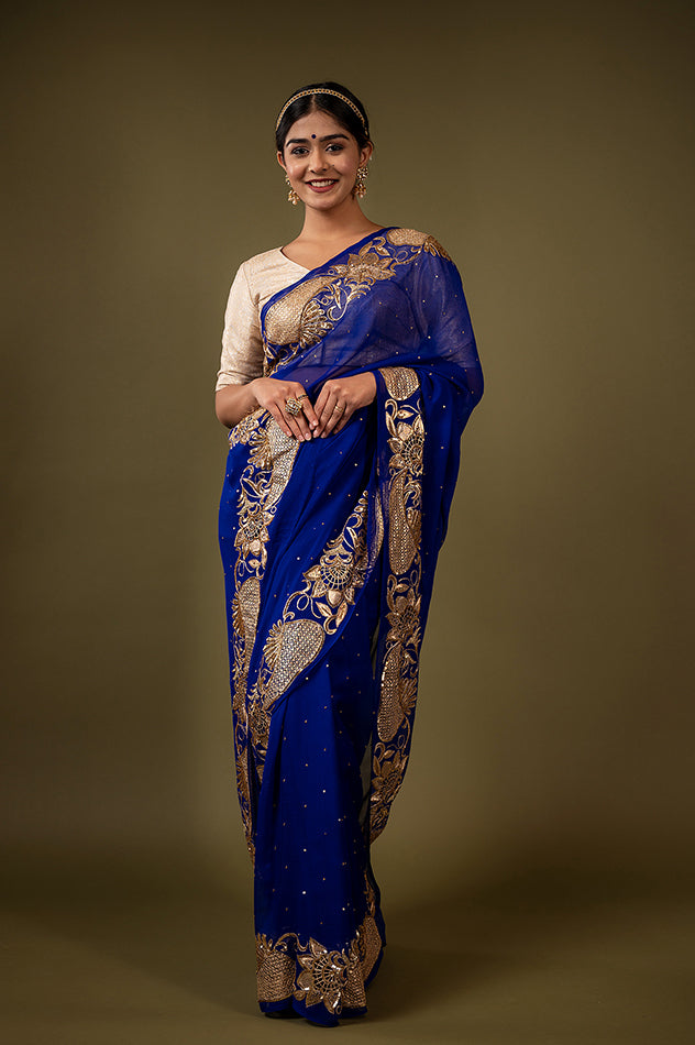 Royal blue pure chiffon aari cut work border butti handwork saree