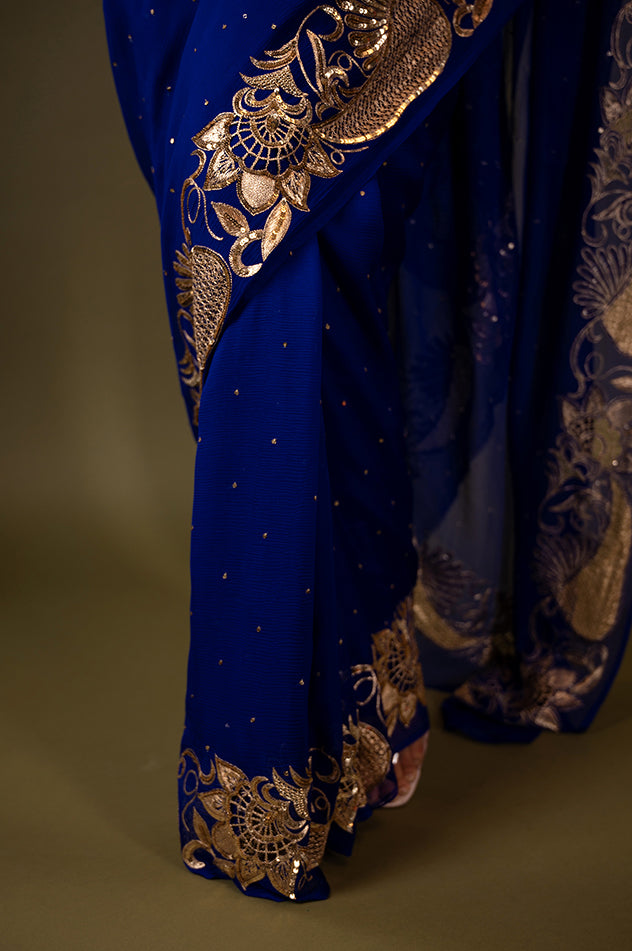 Royal blue pure chiffon aari cut work border butti handwork saree
