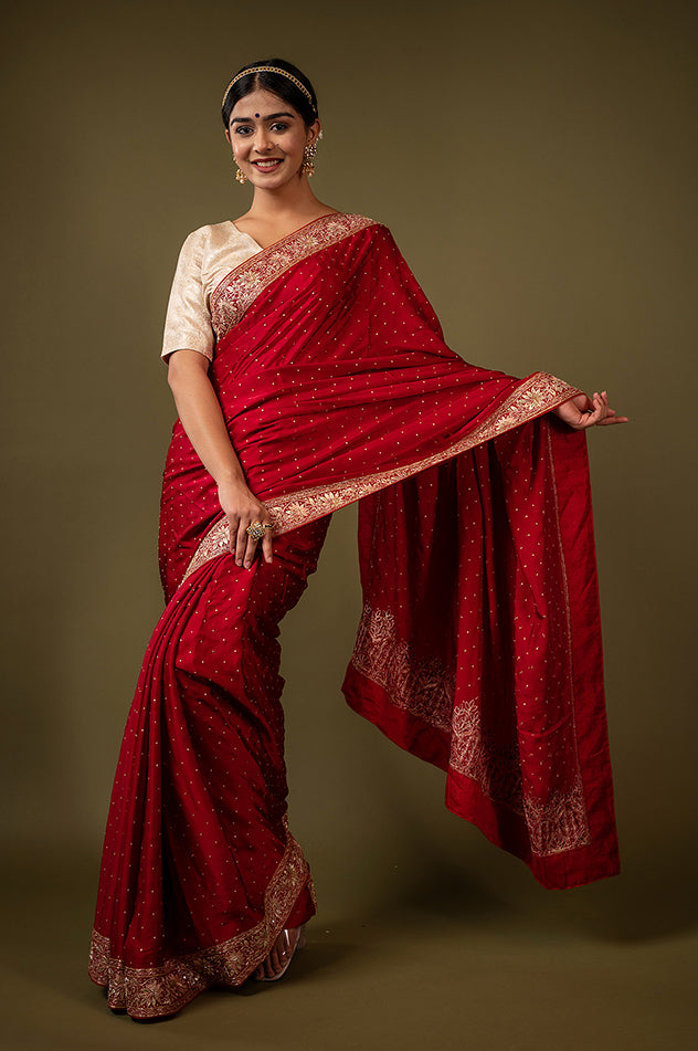 Royal red pure silk Satin gota patti handwork saree
