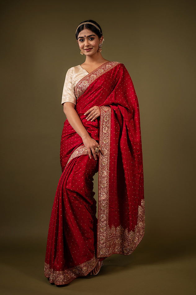Royal red pure silk Satin gota patti handwork saree