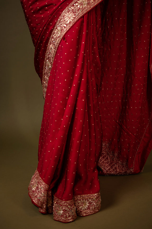 Royal red pure silk Satin gota patti handwork saree