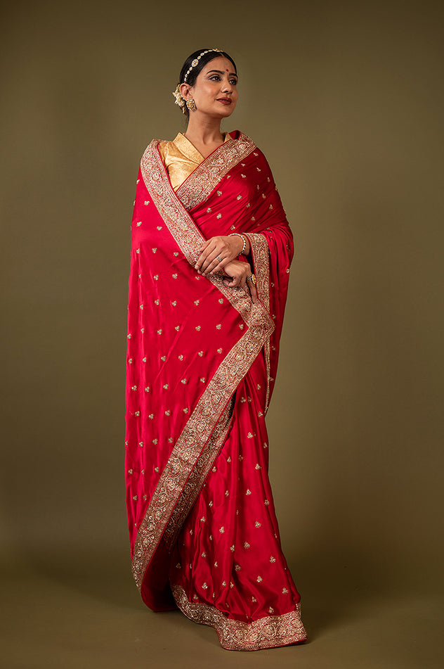 Red pure silk Satin zardozi border butti handwork saree