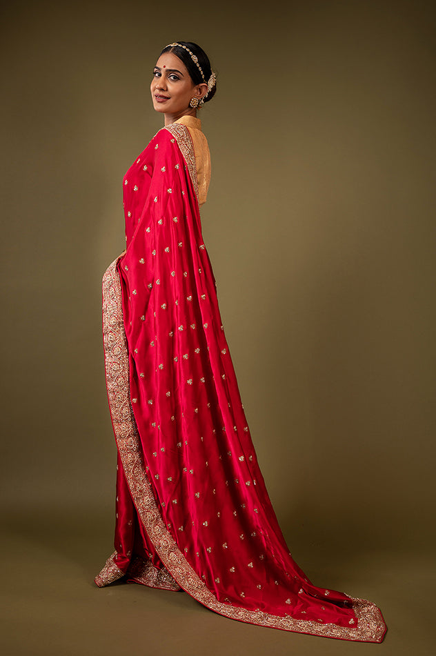 Red pure silk Satin zardozi border butti handwork saree