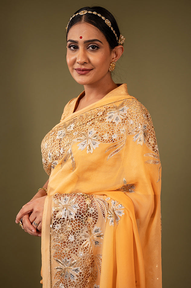 Peach pure chiffon cut work border butti handwork saree