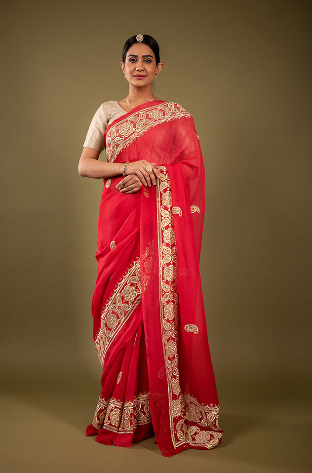 Red viscose chiffon sikhiya gota border butti handwork saree