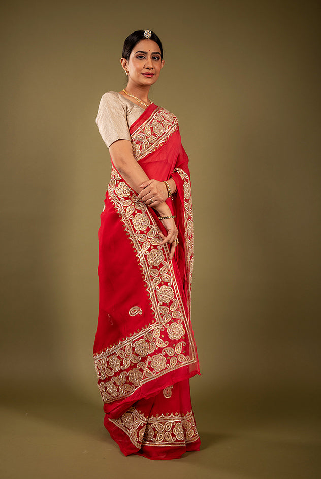 Red viscose chiffon sikhiya gota border butti handwork saree