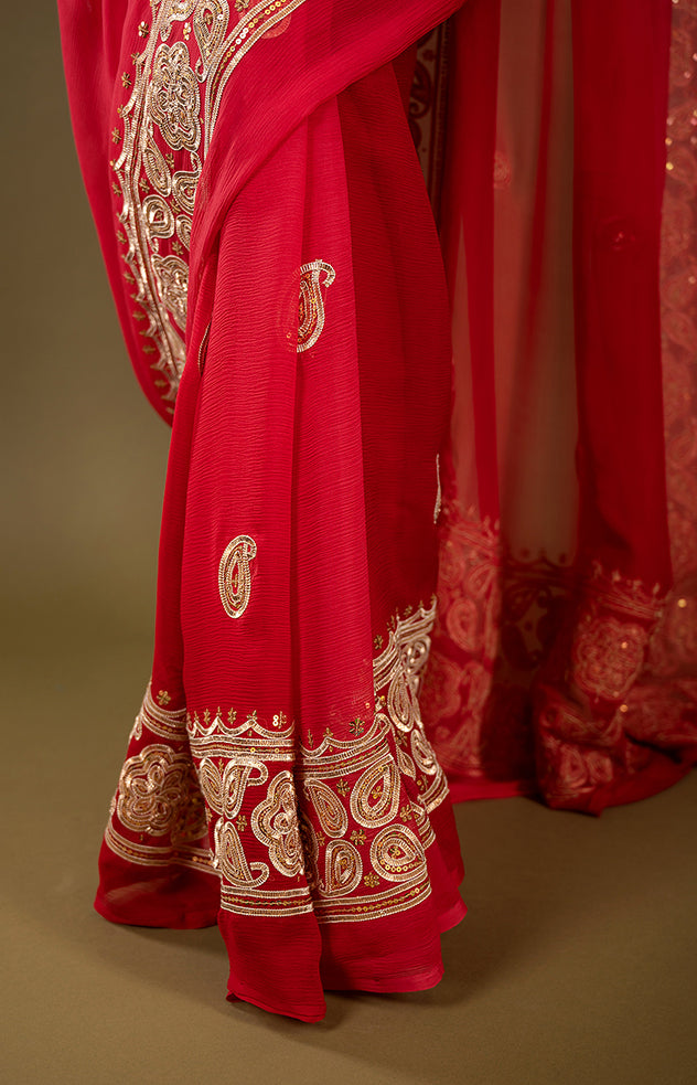 Red viscose chiffon sikhiya gota border butti handwork saree