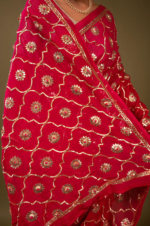 Red pure chiffon sikhiya gota patti jaal handwork saree