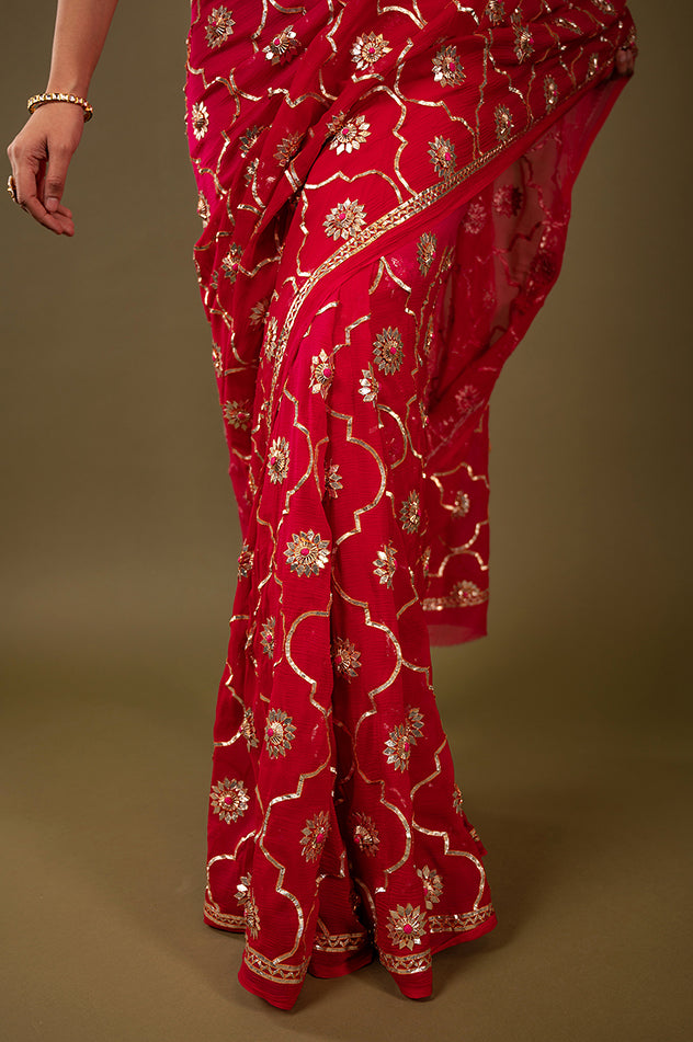 Red pure chiffon sikhiya gota patti jaal handwork saree