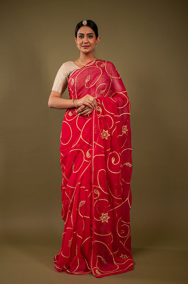 Red viscose chiffon sikhiya gota jaal handwork saree