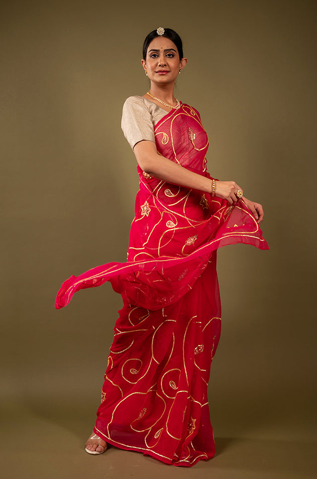 Red viscose chiffon sikhiya gota jaal handwork saree