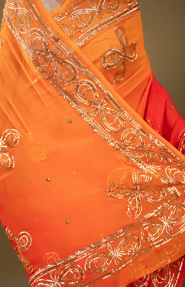 Orange light dark pure chiffon sikhiya gota border butti handwork saree
