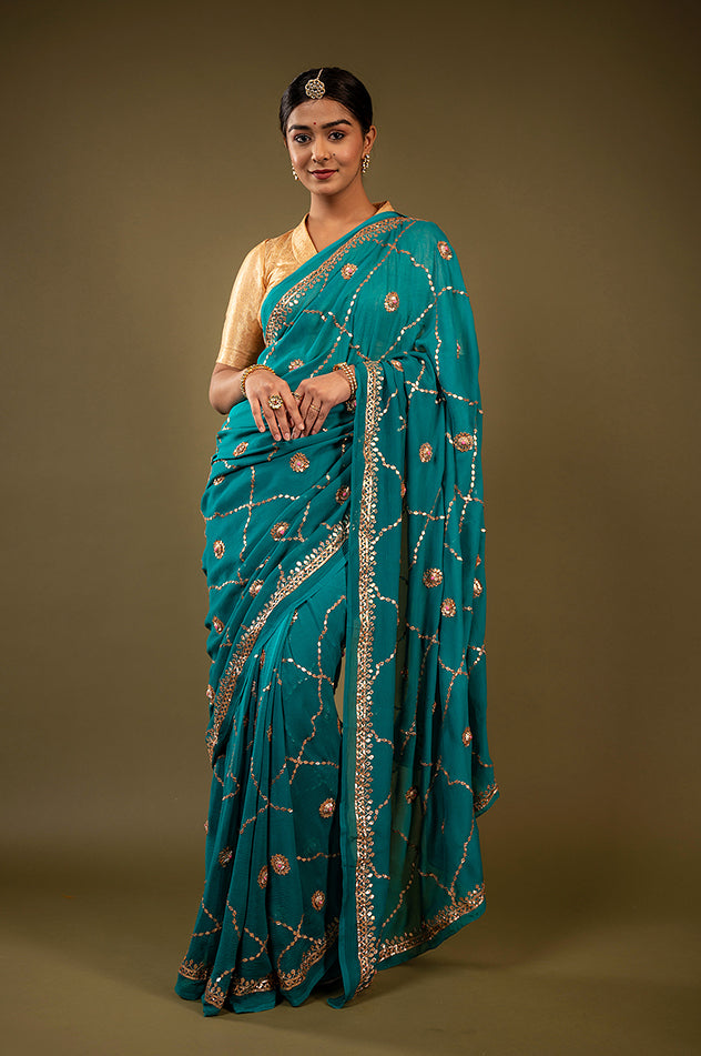 rama viscose chiffon gota patti jaal handwork saree