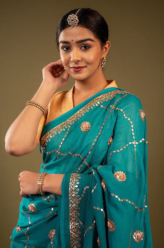 rama viscose chiffon gota patti jaal handwork saree