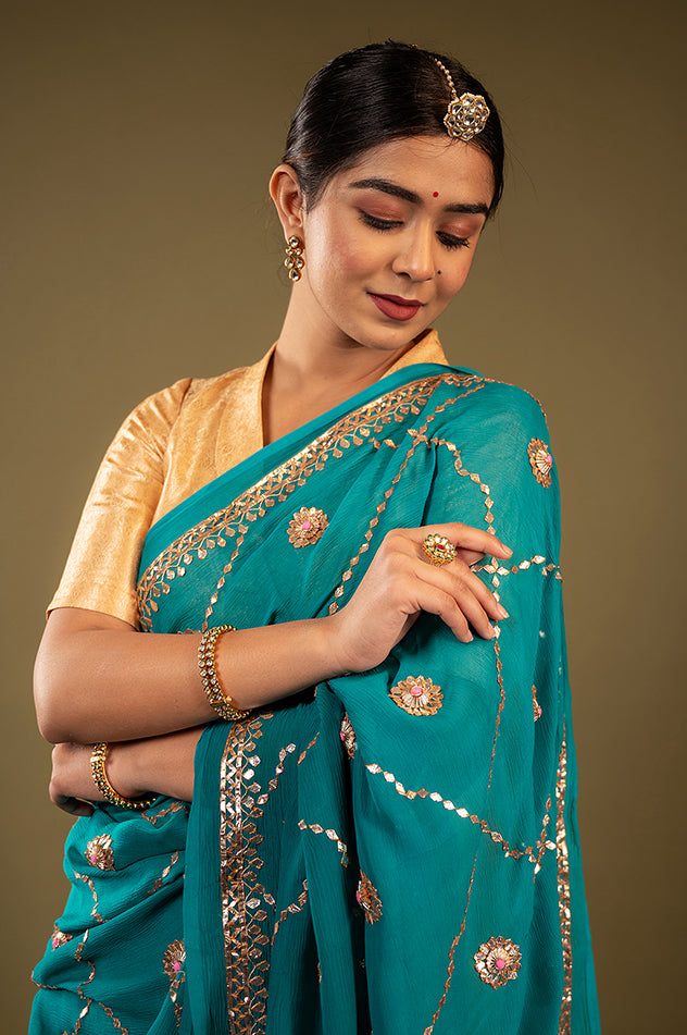 rama viscose chiffon gota patti jaal handwork saree