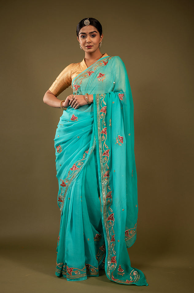 Sky blue viscose chiffon sikhiya gota pech handwork saree