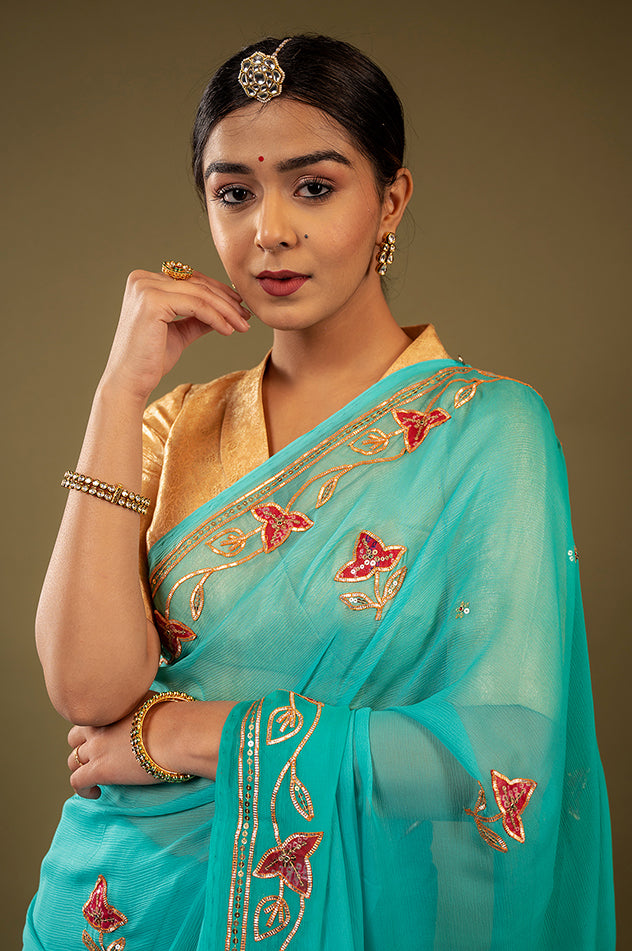 Sky blue viscose chiffon sikhiya gota pech handwork saree