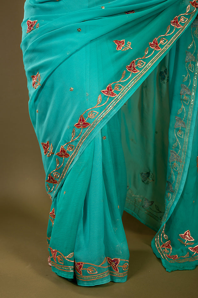 Sky blue viscose chiffon sikhiya gota pech handwork saree