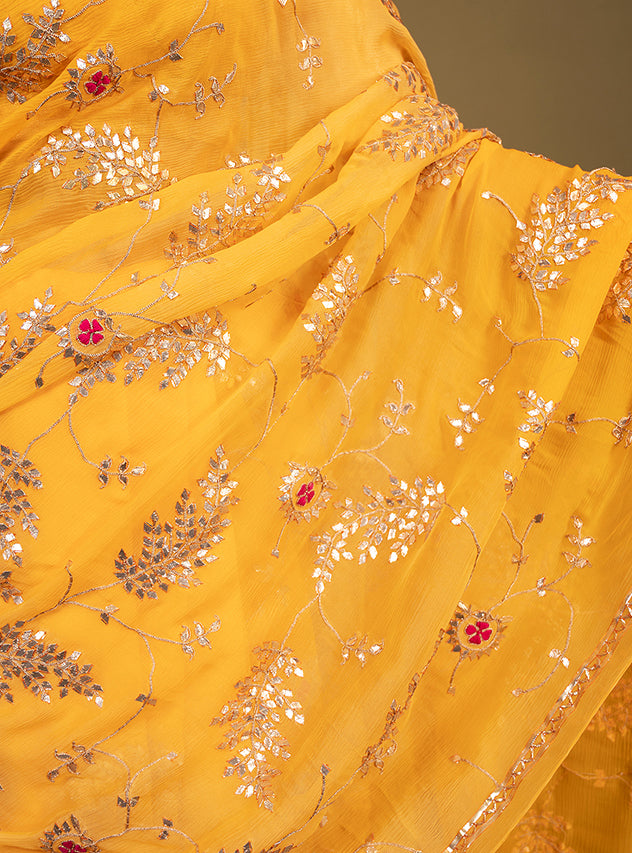 yellow pure chiffon gota patti jaal handwork saree
