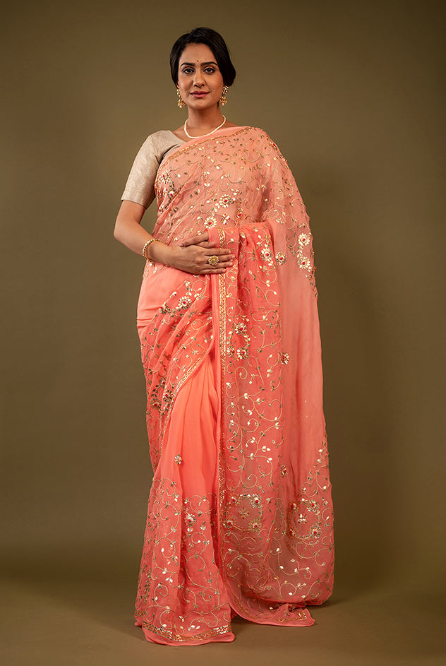 peach pure chiffon gota patti jaal handwork saree