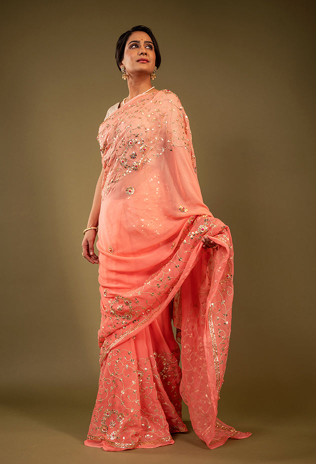 peach pure chiffon gota patti jaal handwork saree