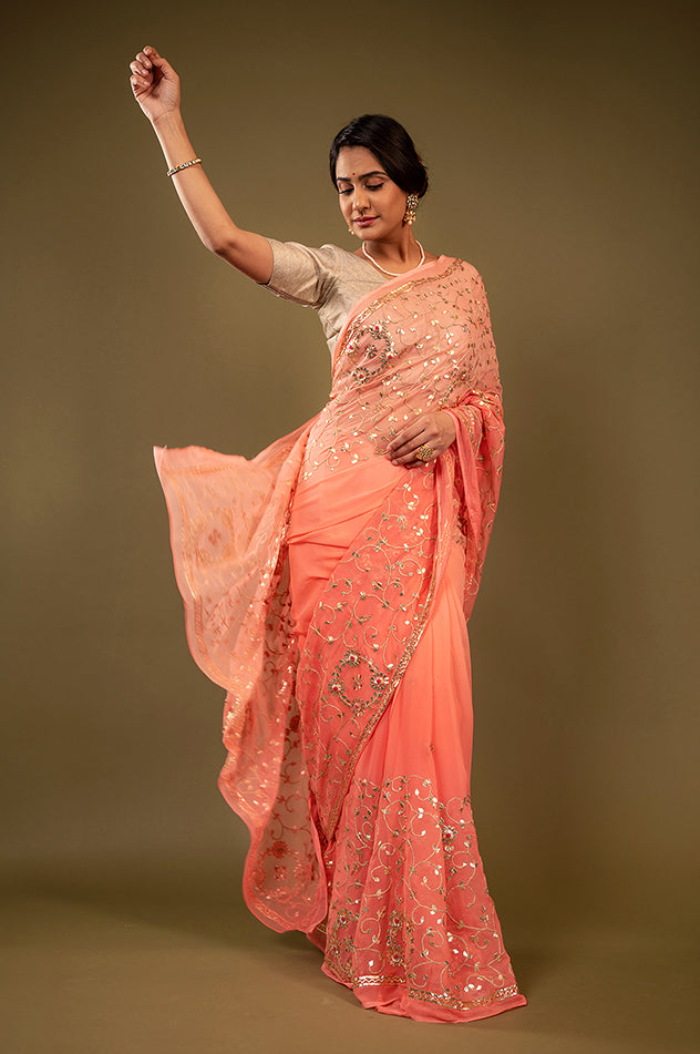 peach pure chiffon gota patti jaal handwork saree