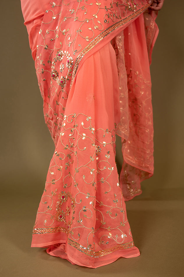 peach pure chiffon gota patti jaal handwork saree