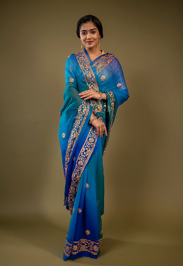 peacock shade pure chiffon gota patti border butti handwork saree