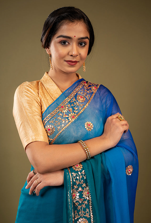 peacock shade pure chiffon gota patti border butti handwork saree