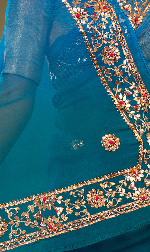 peacock shade pure chiffon gota patti border butti handwork saree