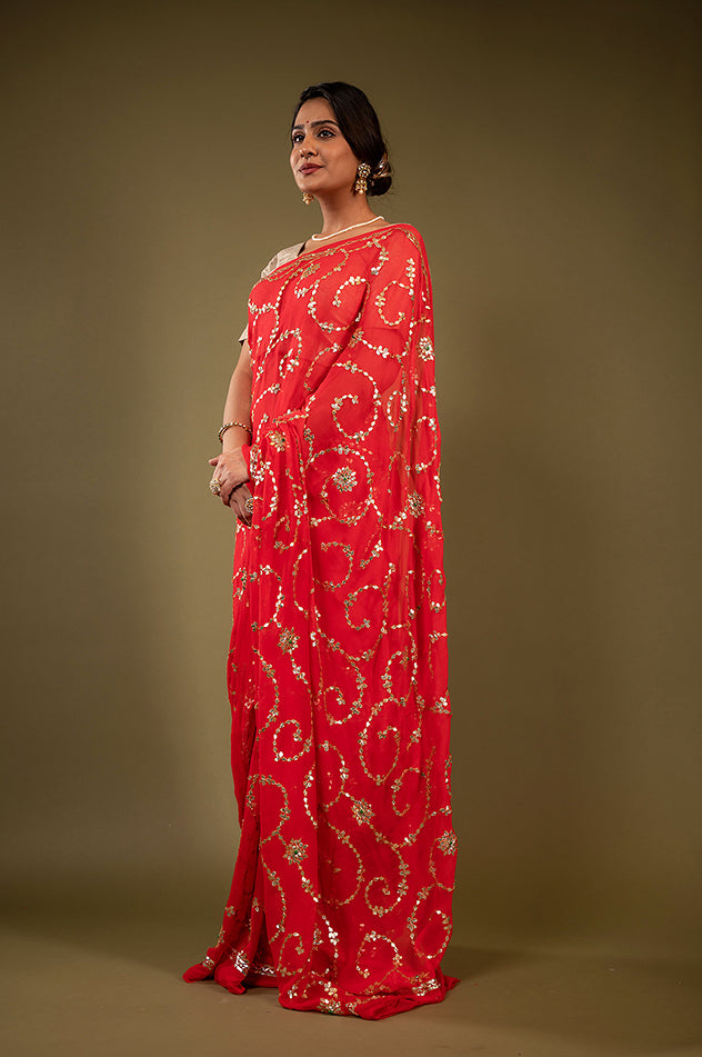red pure chiffon gota patti jaal handwork saree