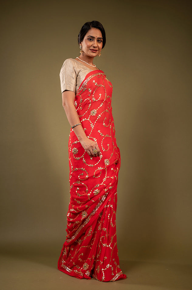 red pure chiffon gota patti jaal handwork saree