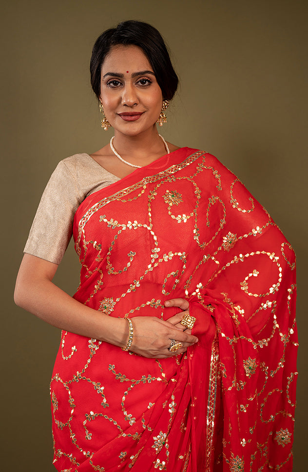 red pure chiffon gota patti jaal handwork saree