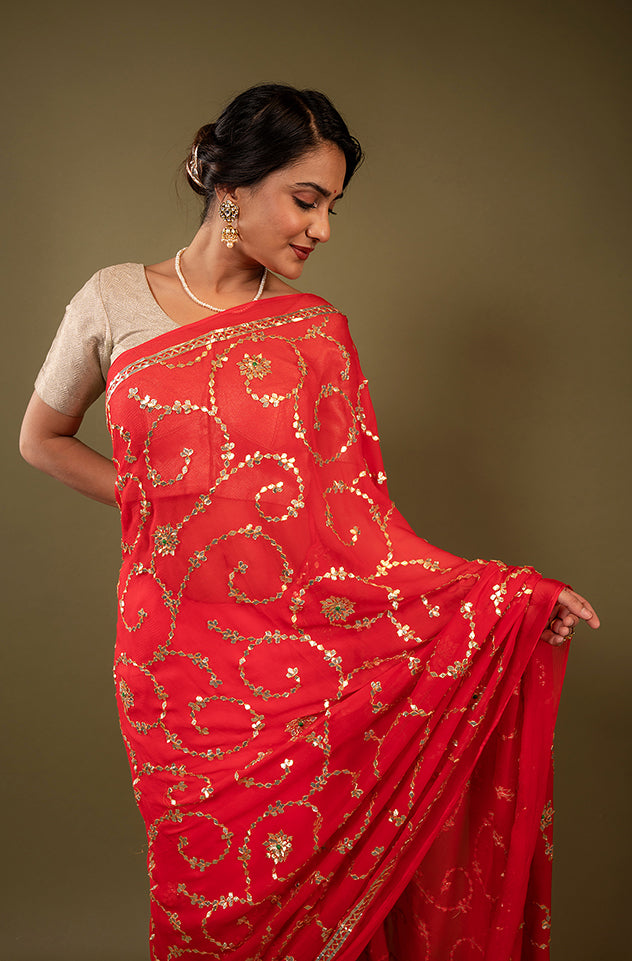 red pure chiffon gota patti jaal handwork saree