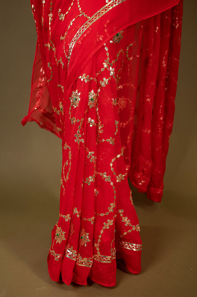 red pure chiffon gota patti jaal handwork saree