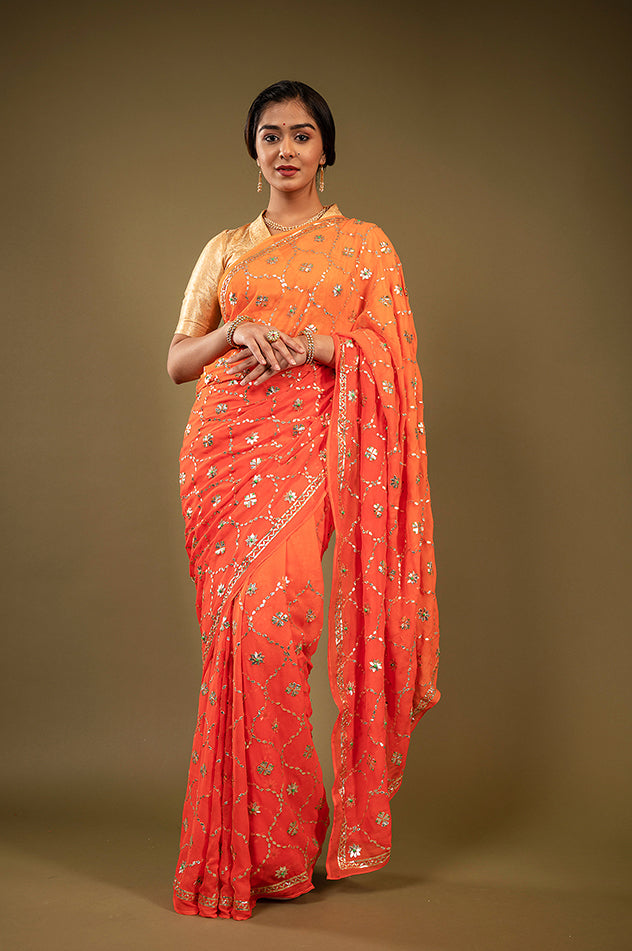 Orange light dark pure chiffon gota patti jaal handwork saree
