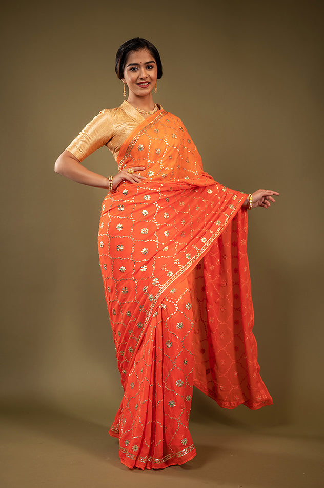 Orange light dark pure chiffon gota patti jaal handwork saree