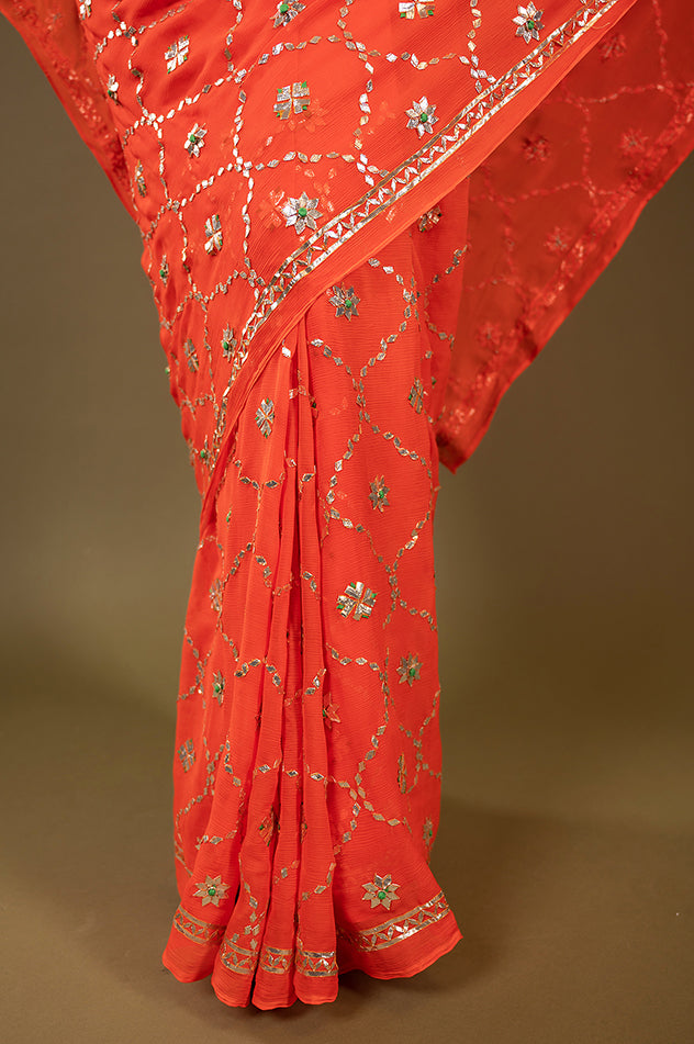 Orange light dark pure chiffon gota patti jaal handwork saree