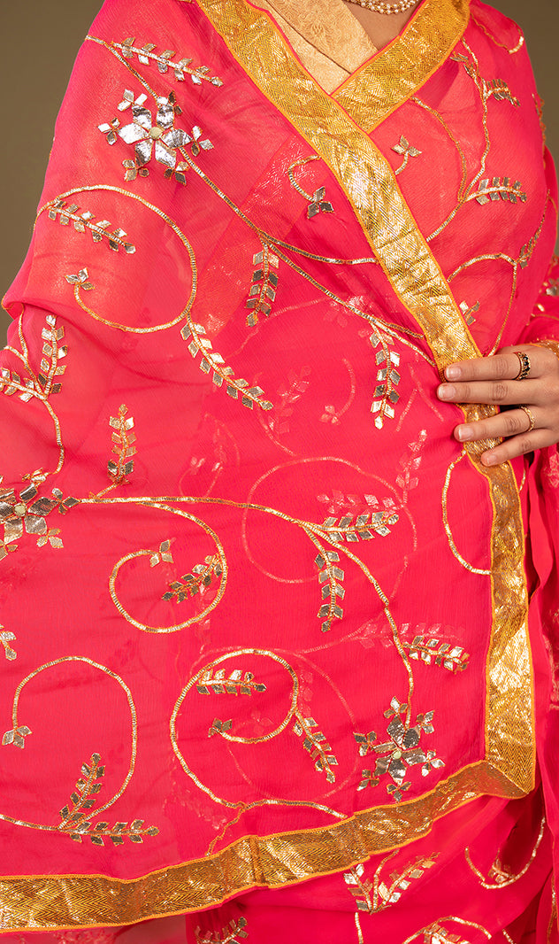 Gajri Pure Chiffon laffi border sikhiya modi pati jaal handwork saree