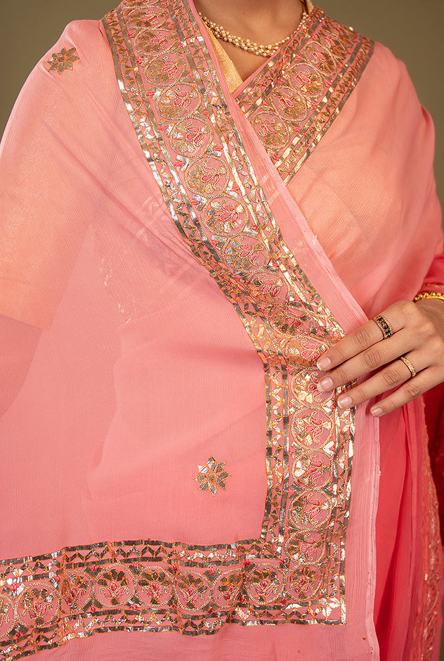 Gajri Light dark pure chiffon Gota patti handwork saree