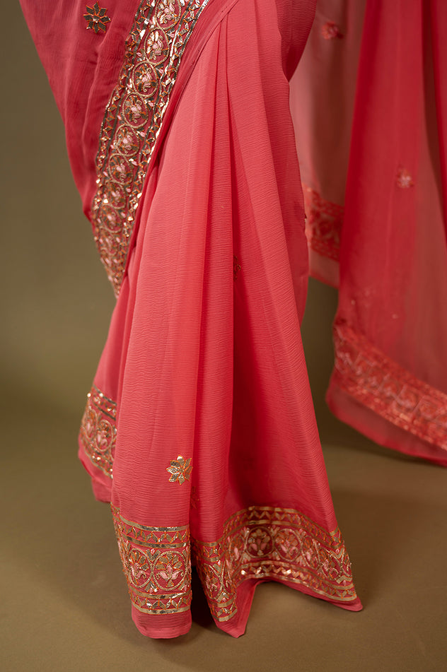 Gajri Light dark pure chiffon Gota patti handwork saree