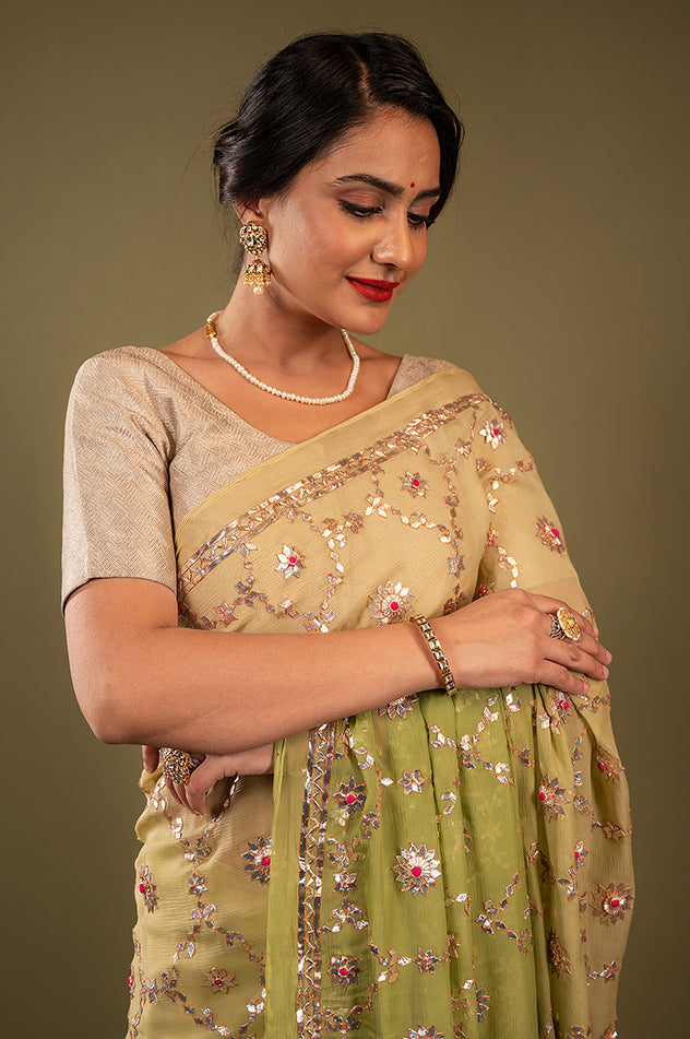 Pista Green pure chiffon gota patti jaal handwork saree