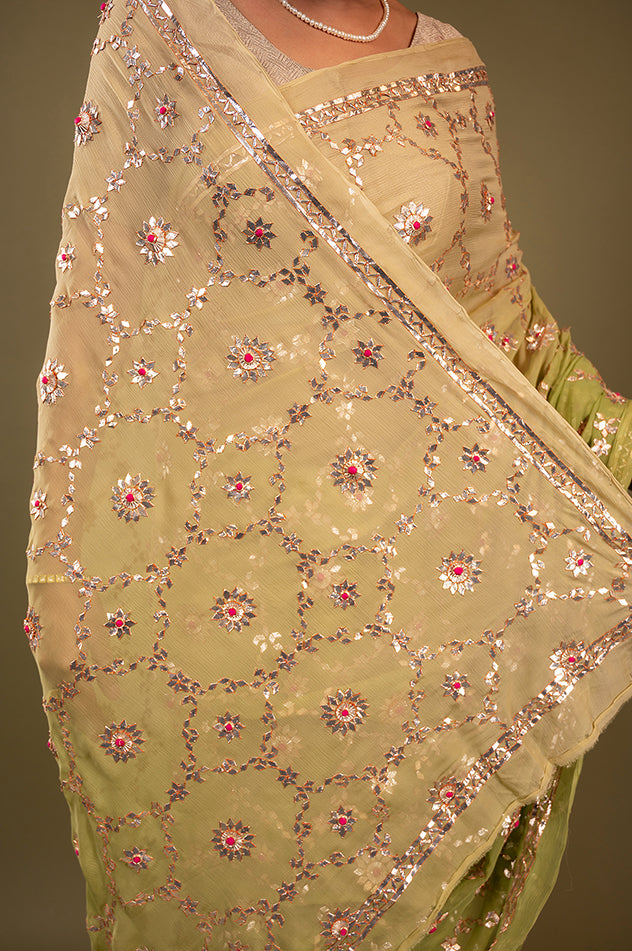 Pista Green pure chiffon gota patti jaal handwork saree