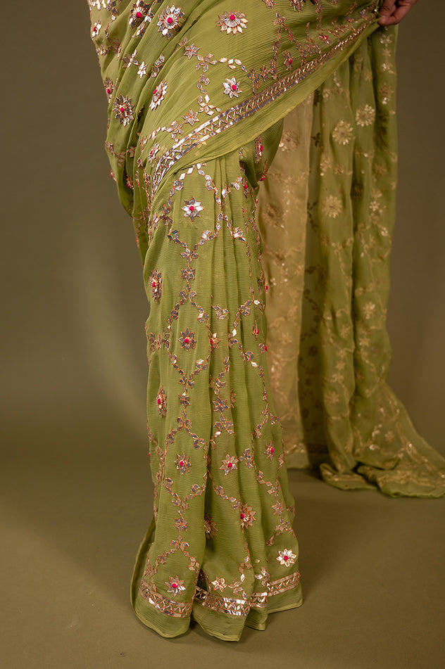 Pista Green pure chiffon gota patti jaal handwork saree