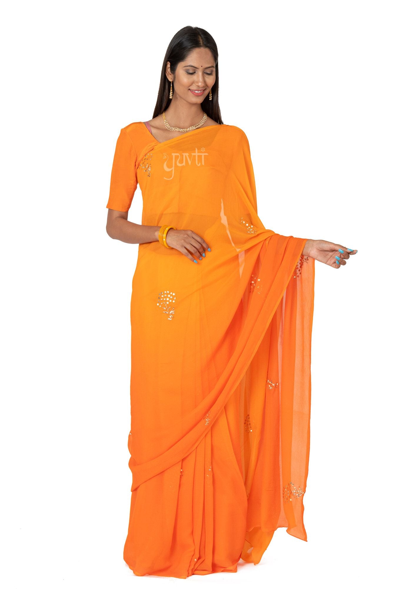 Orange Shaded Pure Chiffon Mukesh Work Motif Handwork Saree