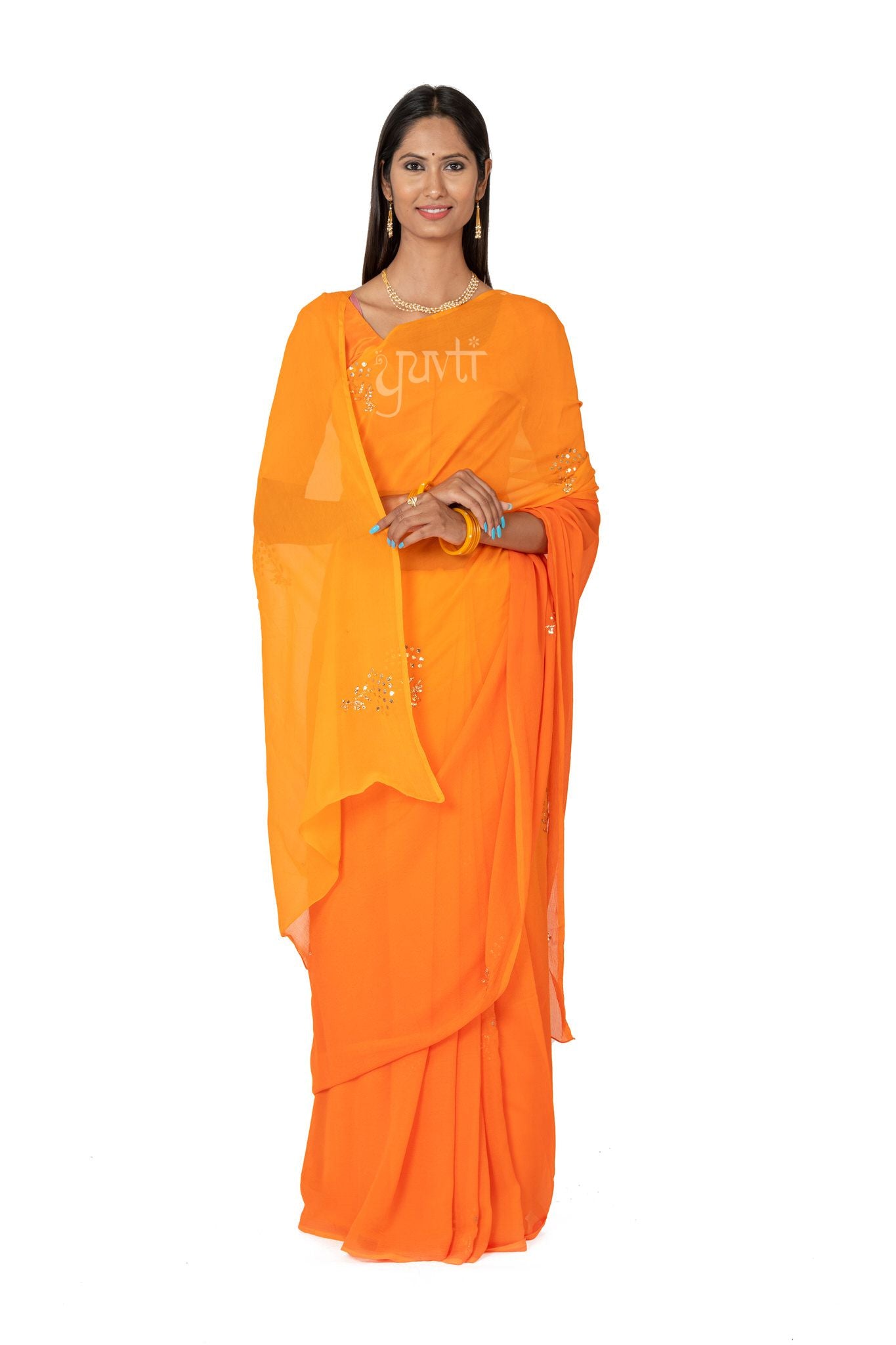 Orange Shaded Pure Chiffon Mukesh Work Motif Handwork Saree