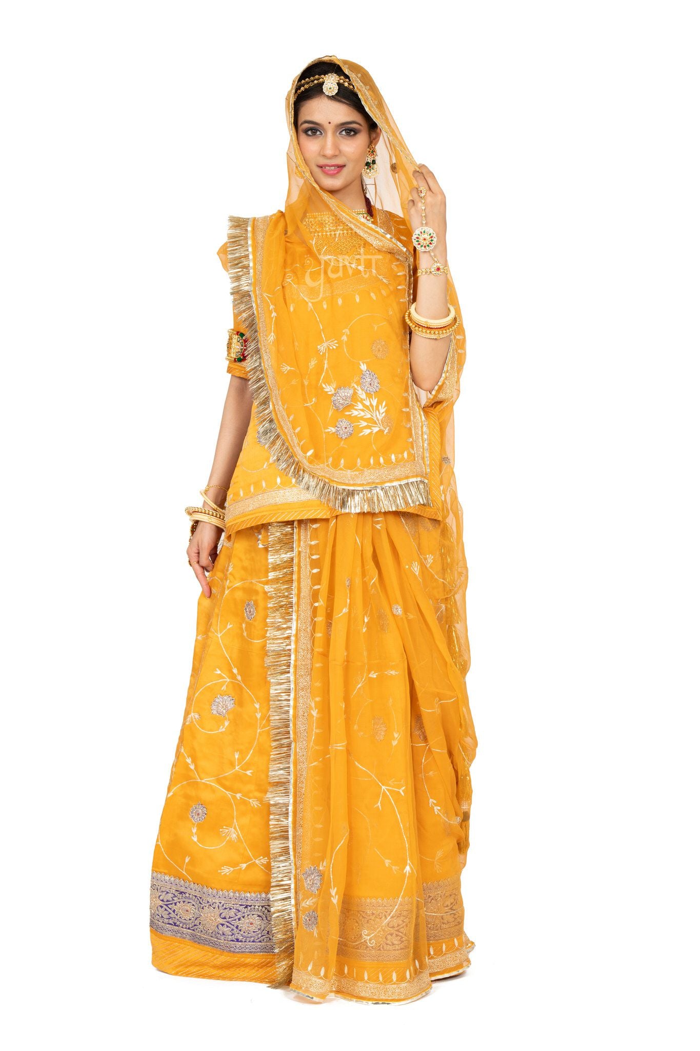 yellow bamber satin non real Chanderi handwork poshak with pure odhna