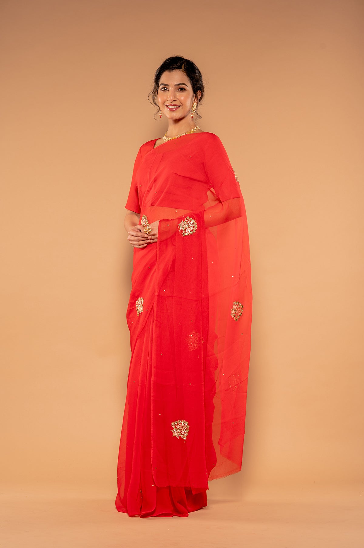 Red Viscose Chiffon Aari sequins Buti Handwork Saree