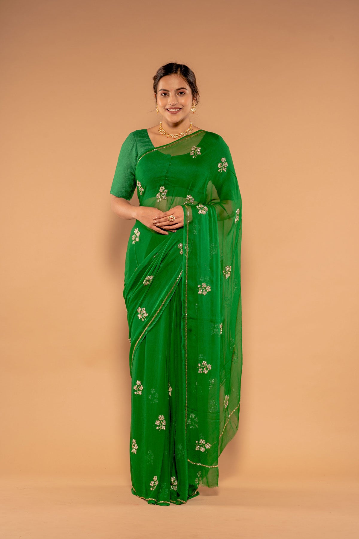 Green Viscose Chiffon Kardana sequins Handwork Saree